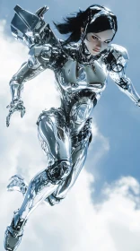 Futuristic Metallic Cyborg Leaping in Sky