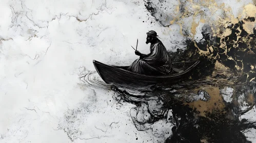 Abstract Boatman in Monochrome Waterscape