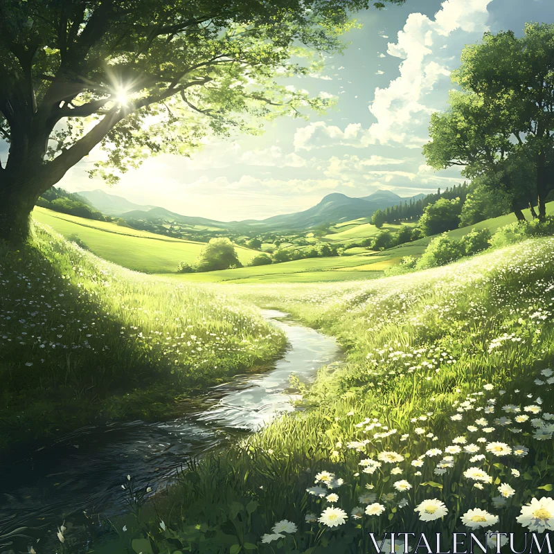 Idyllic Green Valley with Flowing Stream