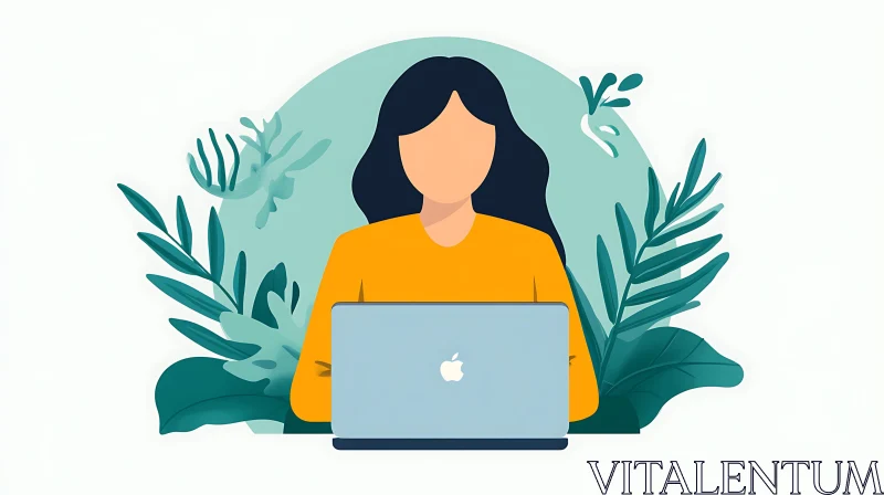 AI ART Faceless Woman and Laptop with Floral Design