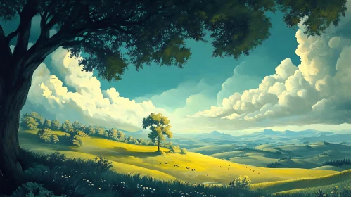 Scenic Landscape Painting of Rolling Hills