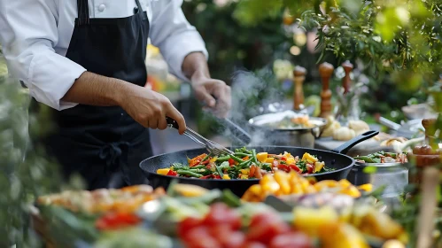 Culinary Art: Chef Cooking Vegetables Outdoors