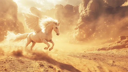 Winged Unicorn Galloping in Desert Scene