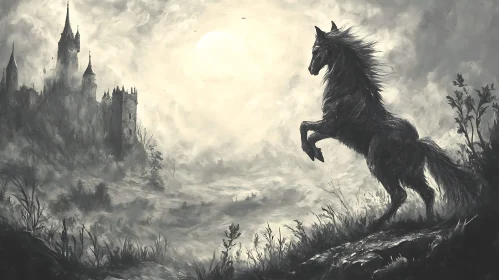 Mystical Horse in Monochrome Landscape