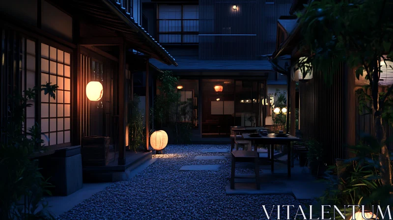 Nighttime Japanese Architecture with Lanterns AI Image
