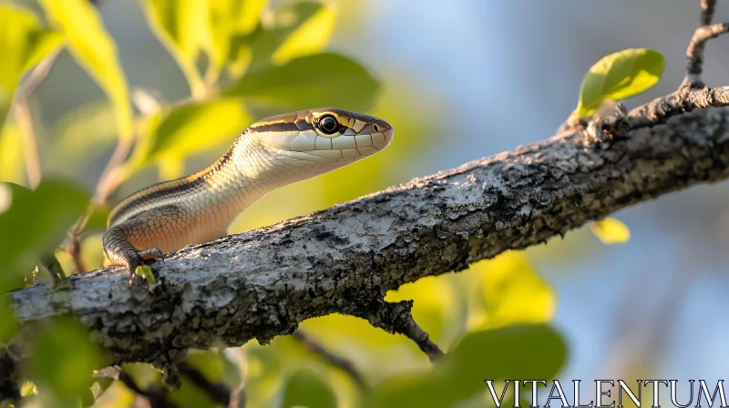 Sunlit Lizard Portrait on Tree Branch