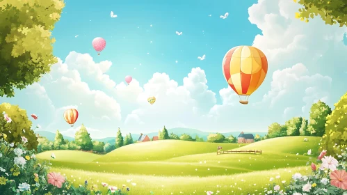 Pastoral Landscape with Balloons and Butterflies