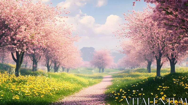 AI ART Spring Bloom: A Serene Path Through Blossoms