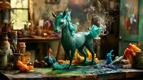 Ethereal Horse Sculpture in Painter's Workshop