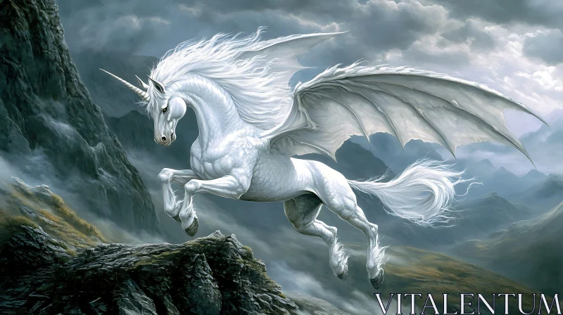 White Unicorn with Wings in Flight