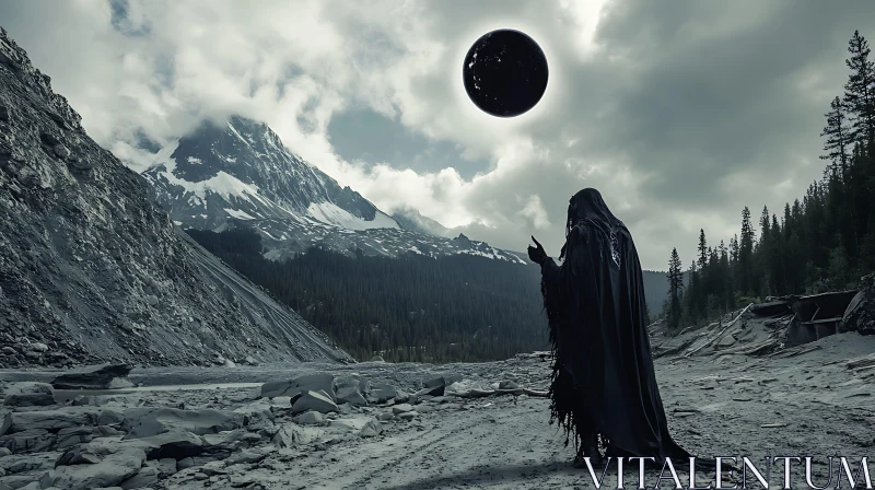 Mysterious Figure in Gloomy Mountain Scene
