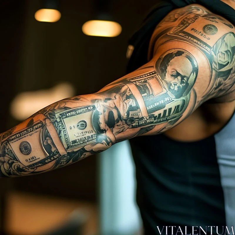 Intricate Sleeve Tattoo of Dollar Bills and Portraits