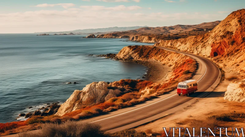 Captivating Coastal Landscape: Old Red Bus Traveling Along Monterey County Road AI Image