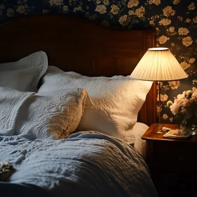 Cozy Bedroom with Bedside Lamp and Flowers