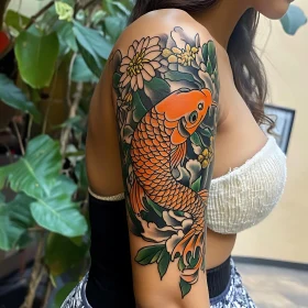 Exquisite Koi Fish and Floral Tattoo Design