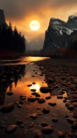 Dream-like Landscape: Rocks on the Bottom of a River at Sunset