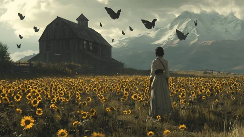 Woman in Sunflower Field with Butterflies