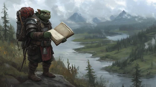 Orc Reading Book in Fantasy Landscape