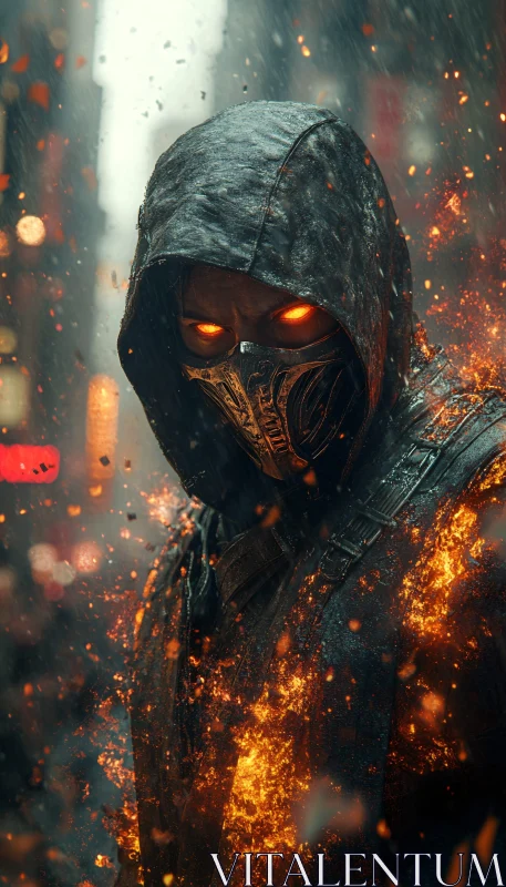 Masked Figure with Glowing Eyes in Urban Fire