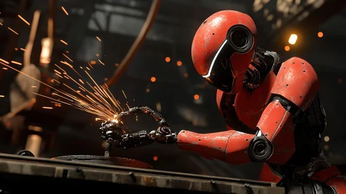 Red Robot Sparks - Welding Process
