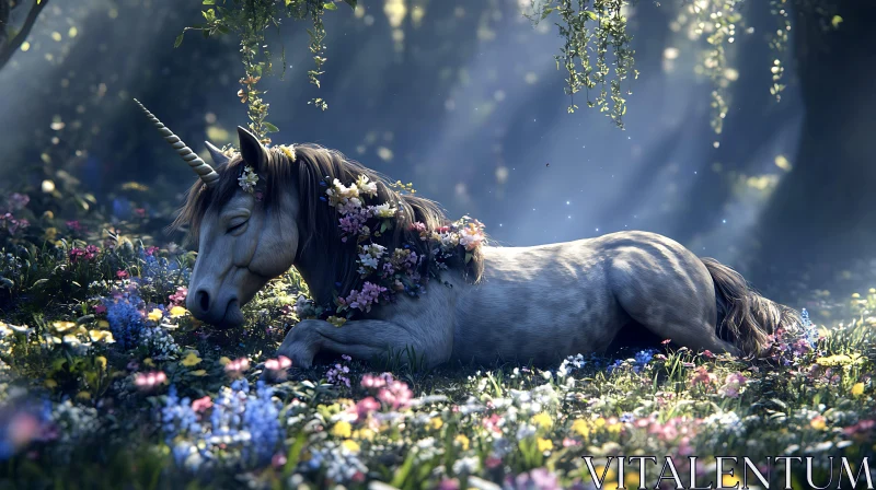 Unicorn Resting Among Wildflowers