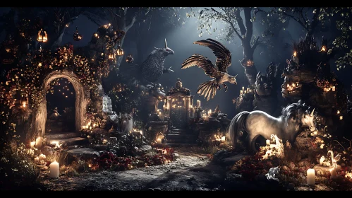 Mystical Creatures in Candlelight Forest