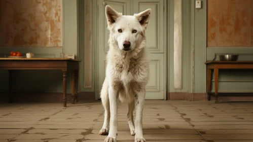 Elegant White Dog in Antique Room with Rustic Wooden Floors