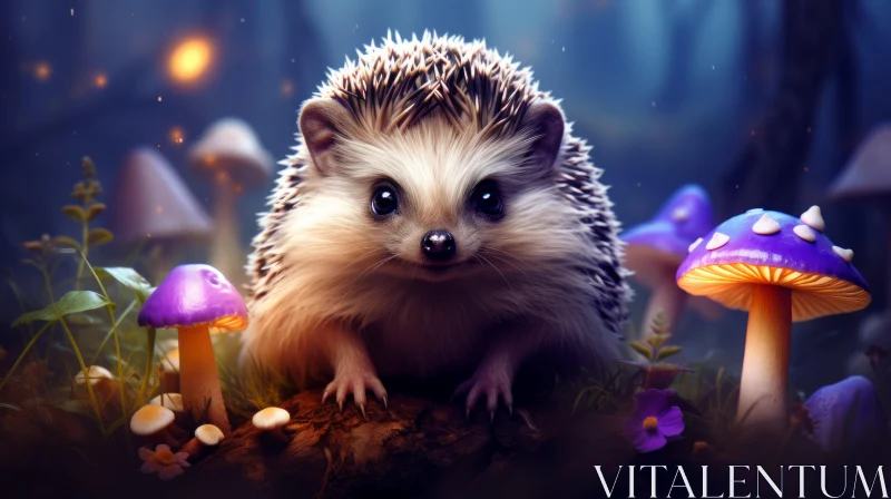 Enchanting Night Forest Scene with Hedgehog and Mushrooms AI Image