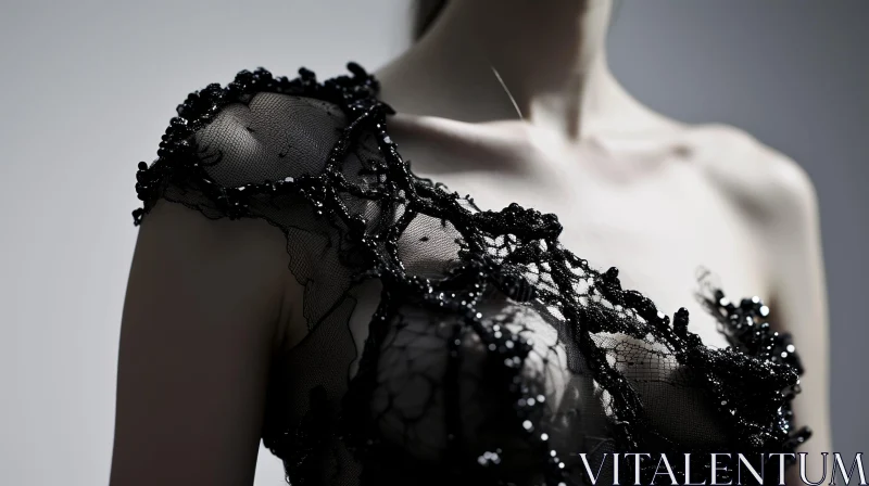 Ethereal Beauty: Delicate Shoulder in Black Lace Dress AI Image