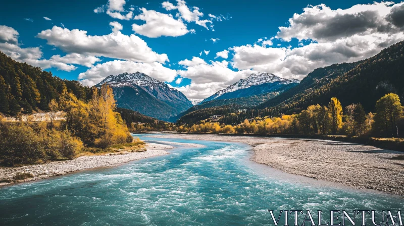 Tranquil River Landscape with Mountains and Autumn Colors AI Image