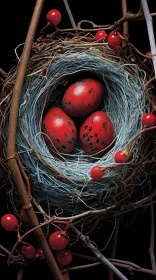 Red Birds Nest with Bronze Eggs - Trompe L'oeil Nature Art