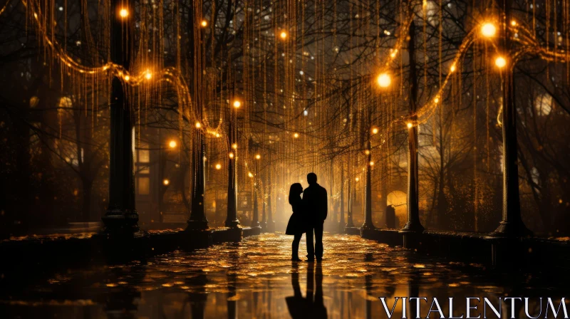 Romantic Night in Golden Hues - A Love Story Captured in City Lights AI Image