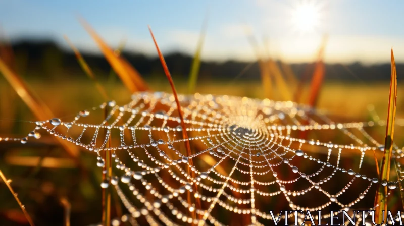 Sunlit Spider Web with Dewdrops in Grass AI Image