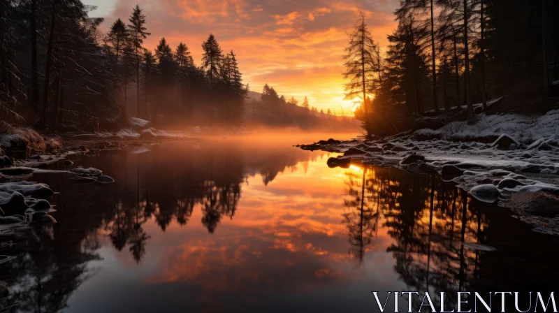 Sunrise Over Snowy River - Norwegian Nature in Amber Tones AI Image