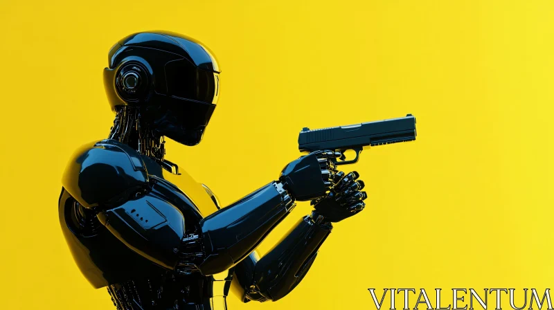 AI ART Black Cyborg with Gun on Yellow Background