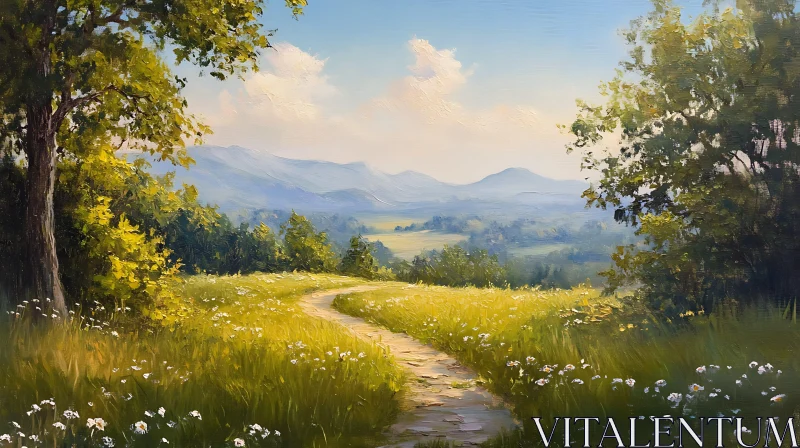 Winding Path Through a Sunny Meadow AI Image