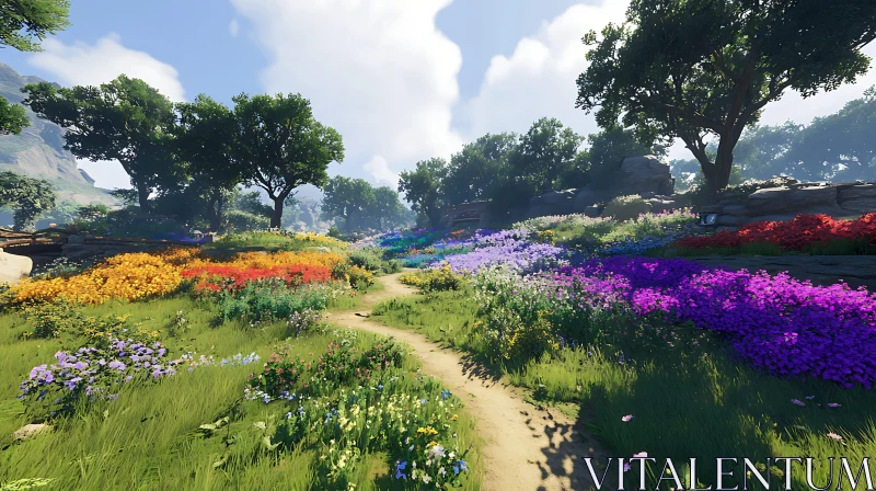 Colorful Flower Meadow with Winding Path AI Image