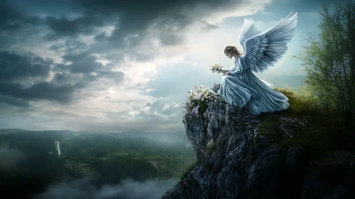 Angel with Flowers on Rocky Peak