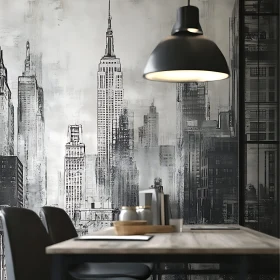 Monochrome Cityscape Backdrop in Modern Interior