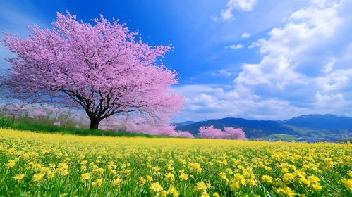 Spring Blossom Landscape with Cherry Tree