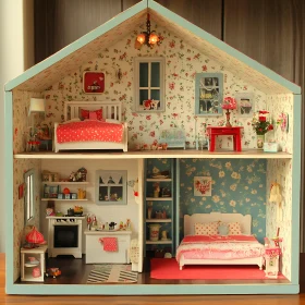 Charming Miniature Dollhouse with Floral Wallpaper