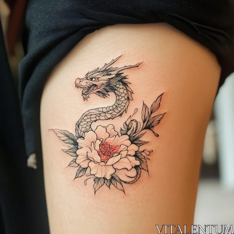 Intricate Dragon and Peony Tattoo Design AI Image