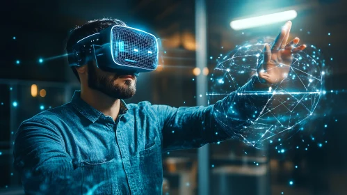 Man in VR Headset Interacting with Digital Globe