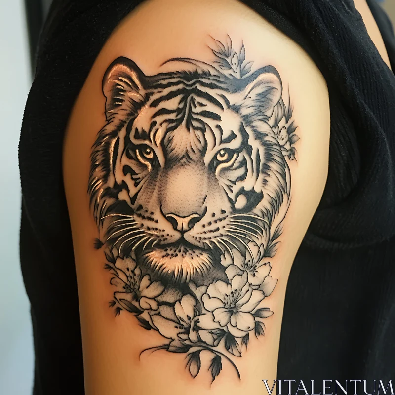 Intricate Tiger Face Tattoo with Floral Designs AI Image