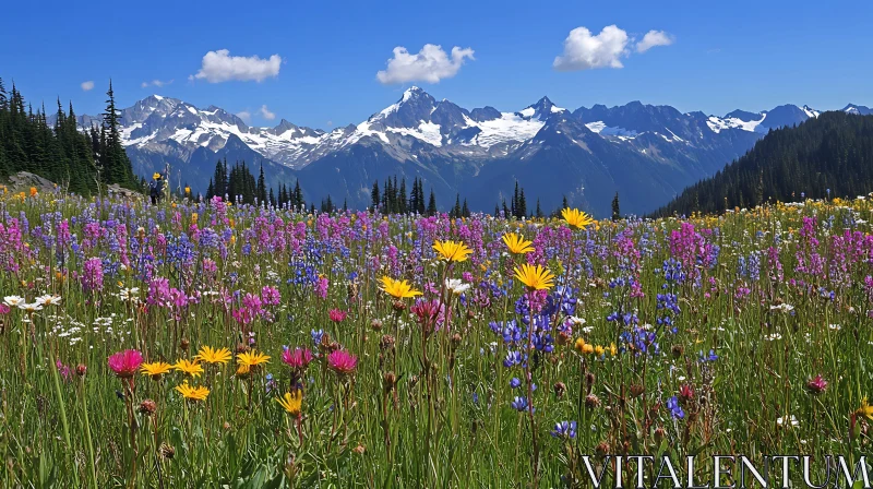 AI ART Alpine Meadow with Snow-Capped Peaks