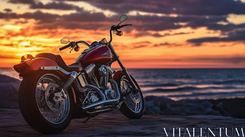 AI ART Red Motorcycle on the Beach at Sunset