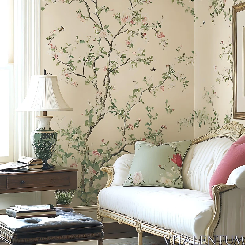 AI ART Vintage Interior with Floral Wallpaper and Sofa