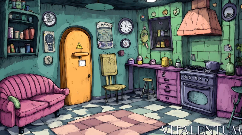 AI ART Quirky Cartoon Style Kitchen with Retro Furniture