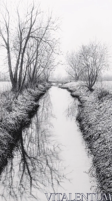 AI ART Calm Winter Stream in Monochrome