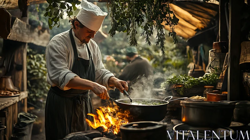 Outdoor Cooking by a Chef in Rustic Kitchen Setting AI Image